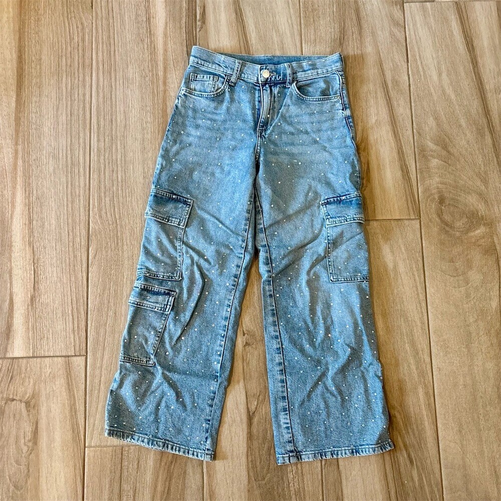 H&M Girls Cargo Jeans Size 12 Blue Wide-Leg Loose Fit Rhinestone Studded